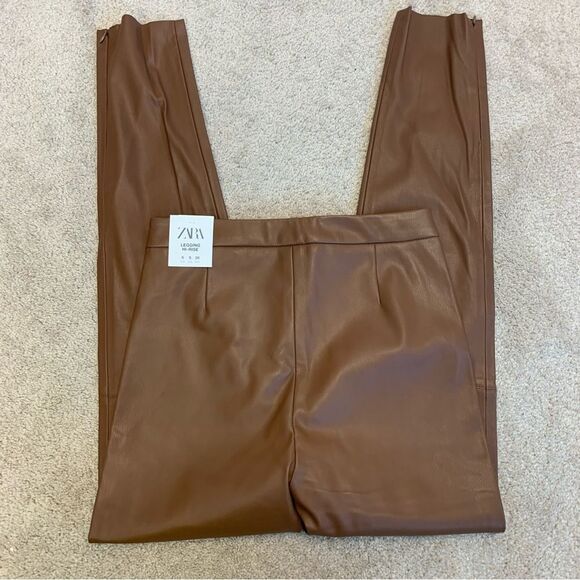 ZARA camel brown faux leather vegan hi-rise leggings Sz S NWT - Picture 6 of 13